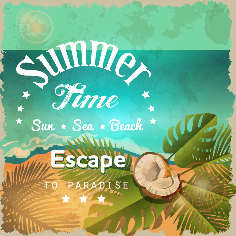 复古的夏季海报-海滩-棕榈叶-大海-刻字风格的铭文-矢量背景