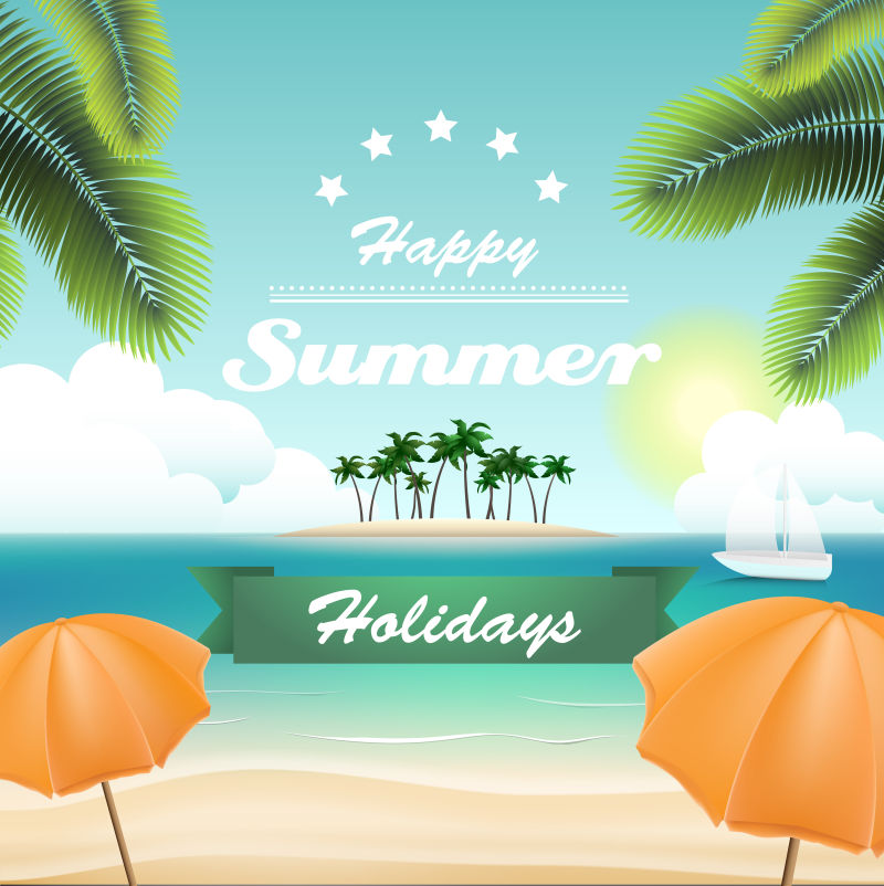 带海滩棕榈树阳伞小船和小岛的复古夏日卡片