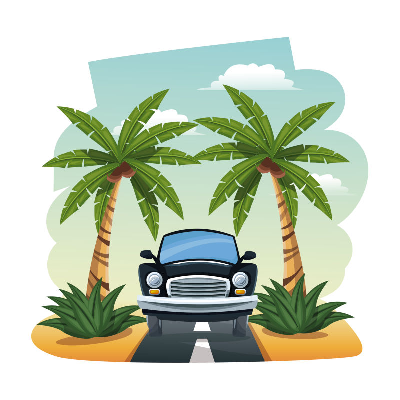 动画的黑色汽车parked在热带的路