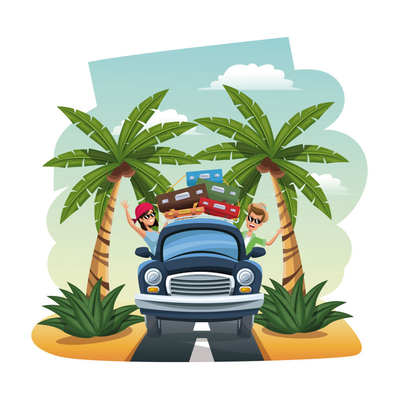带行李的热带屋顶卡通车