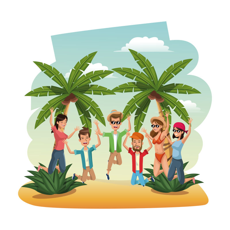 年轻人在海滩上跳跃快乐