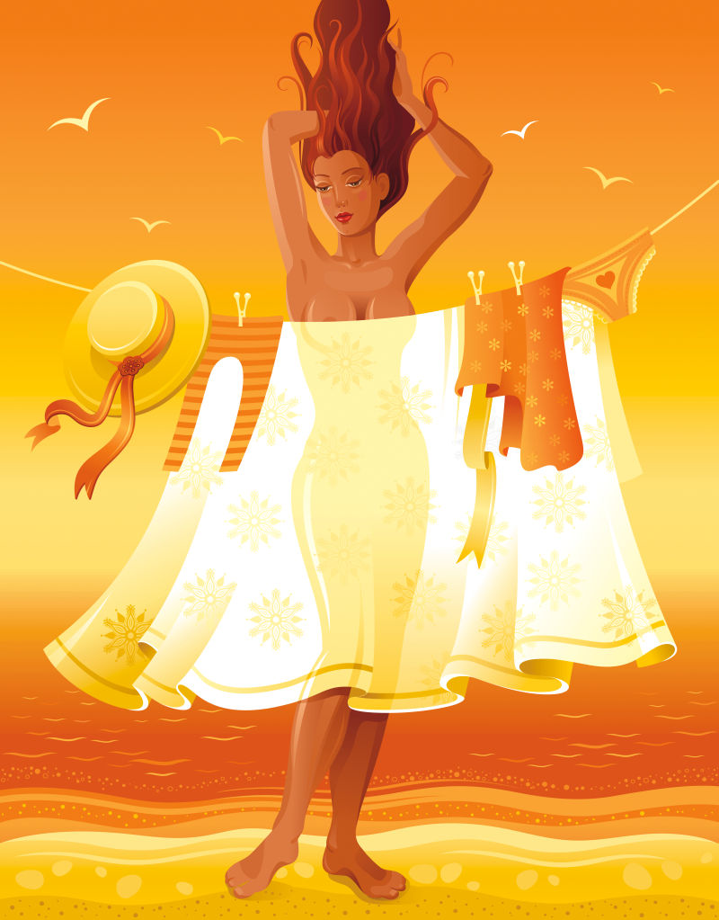 夏天人们出游沙滩的背景美丽的晒黑性感裸体女孩邀请函设计老式派对海报热带日落傍晚矢量插图夏季复古沙滩抽象模板