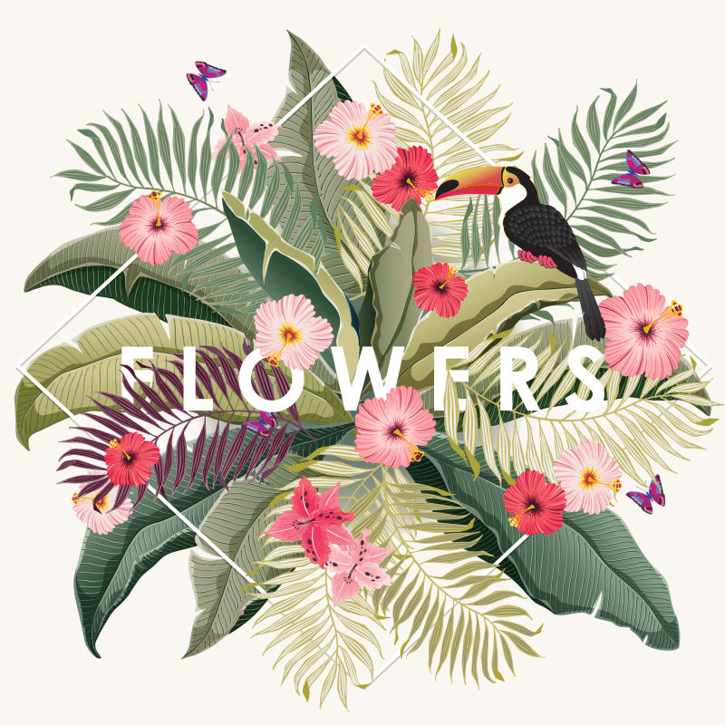 一幅热带画框的矢量图-在夏季为婚礼周年纪念生日和聚会盛开鲜花-横幅海报卡片邀请函和剪贴簿的设计