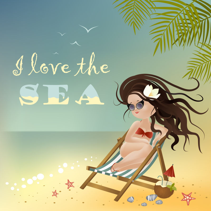 抽象矢量现代海滩上度假的美女插图设计