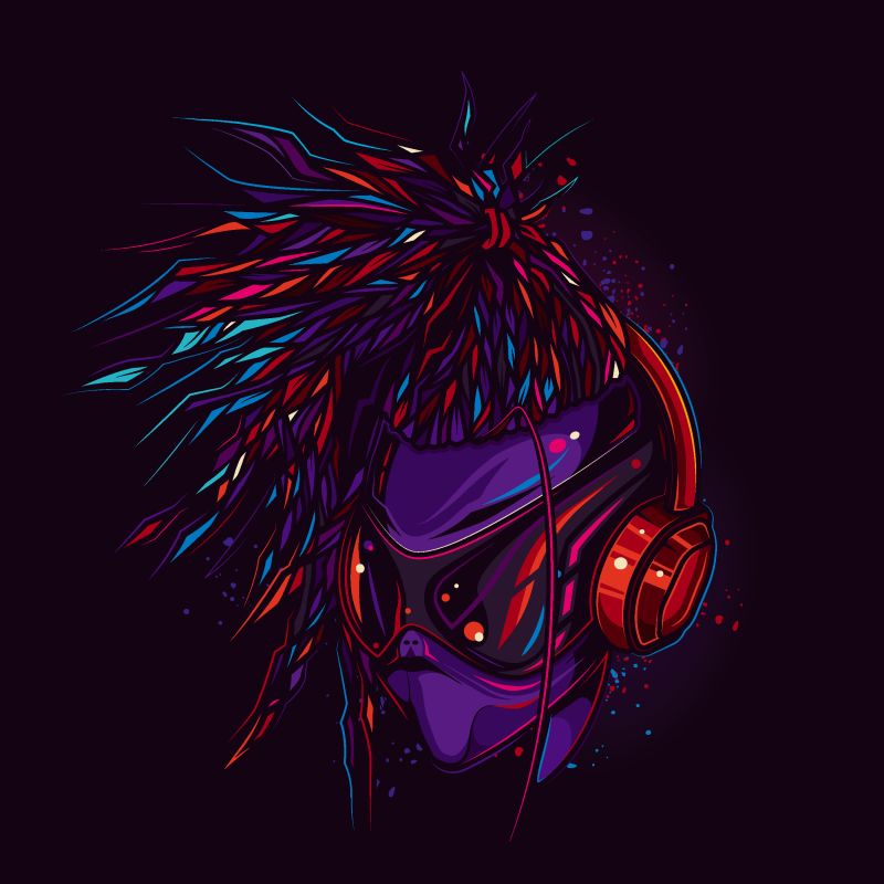 霓虹灯风格的原始矢量图-带眼镜和耳机的时尚外星人