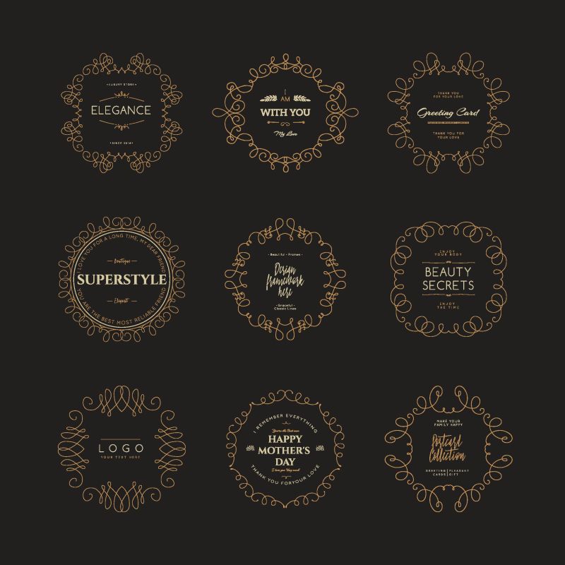 一套豪华会标标志模板-优雅的设计为商务标志-餐厅-婚纱店-珠宝-时尚-产品设计-品牌标志-矢量图