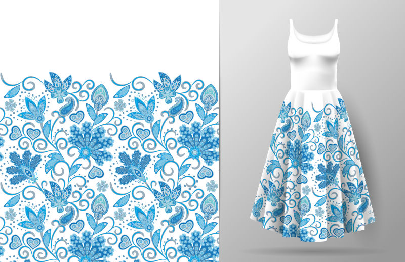 无缝垂直奇幻花边图案在服装模型上手工绘制花卉背景矢量传统的东方图案用于纺织品壁纸装饰蓝白相间