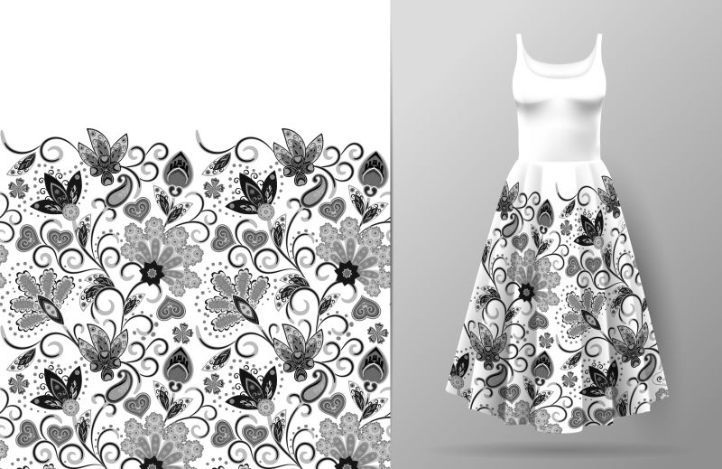 无缝垂直奇幻花边图案在服装模型上手工绘制花卉背景矢量传统的东方图案用于纺织品壁纸装饰黑白