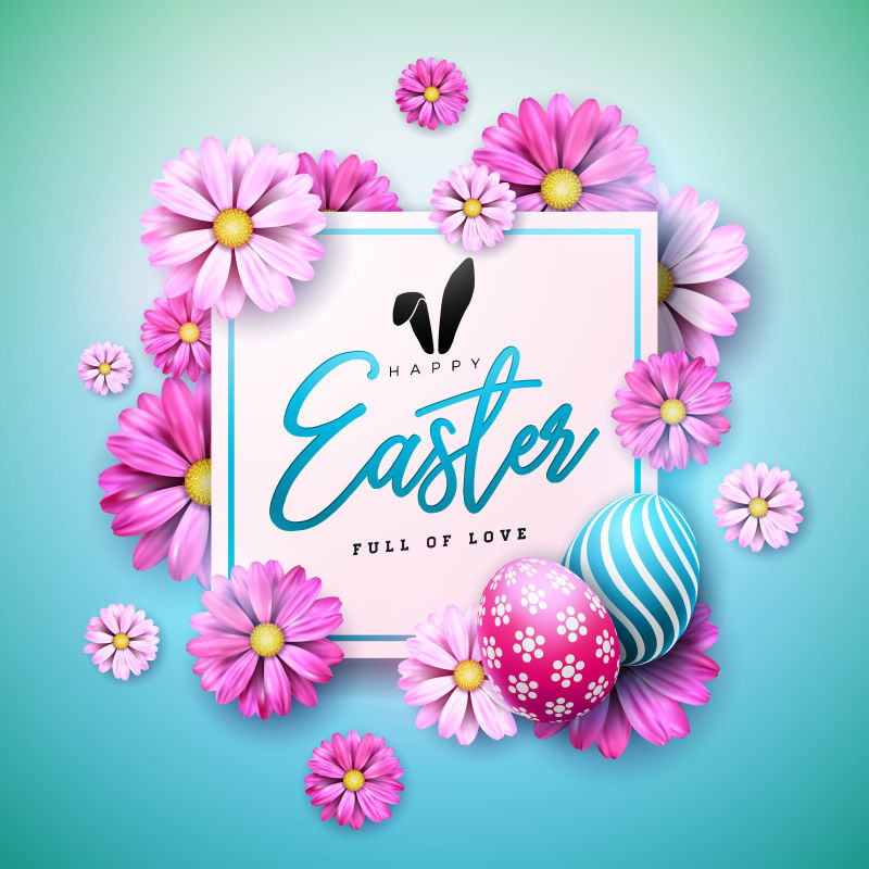 蓝色背景彩蛋和春花的复活节快乐设计带有贺卡聚会邀请或促销横幅印刷的国际矢量庆祝插图