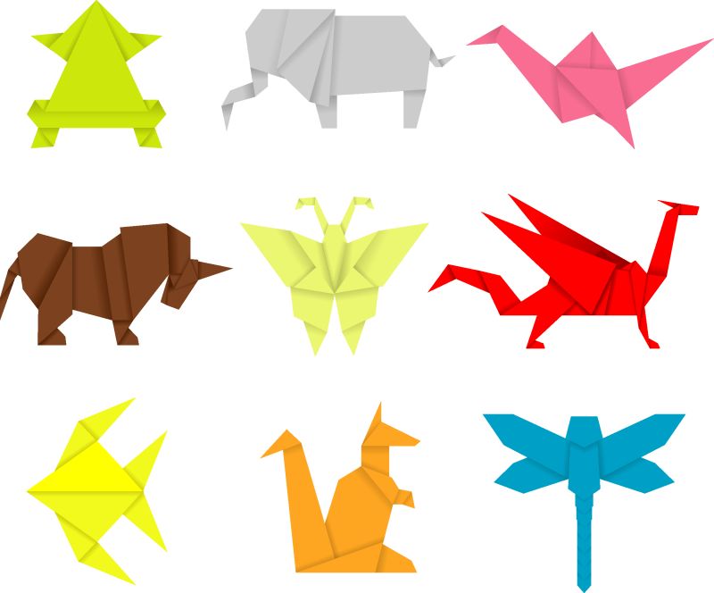 纸动物野生动物-鹤-马-骆驼-蟹-龙-犀牛-长颈鹿-蝴蝶-折纸风格