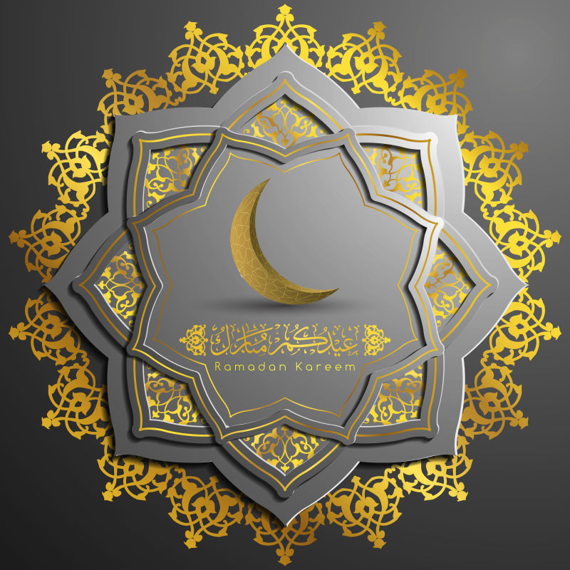 斋月卡列姆问候花卉图案与美丽的书法为背景-贺卡-文字翻译：愿你在圣月和节日期间慷慨地祝福你