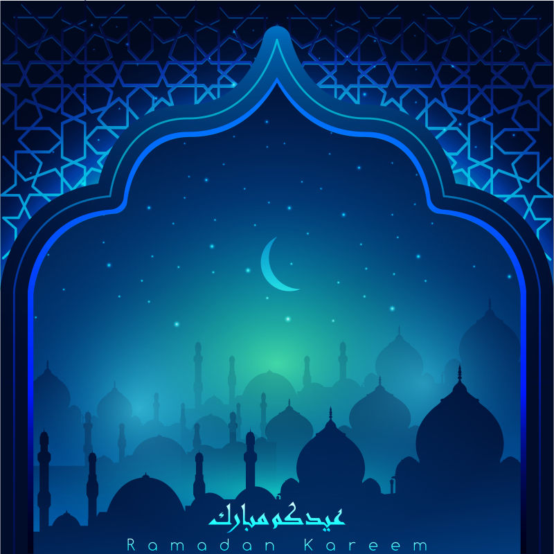 加勒姆斋月-晚上有书法和清真寺-还有星星和月亮的闪光-用于说明背景和贺卡-文本翻译：祝福节日