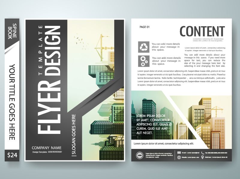 传单设计模板向量-小册子报告商业杂志海报-封面书的投资组合或技术介绍与透视城市和黑色背景-A4大小的布局