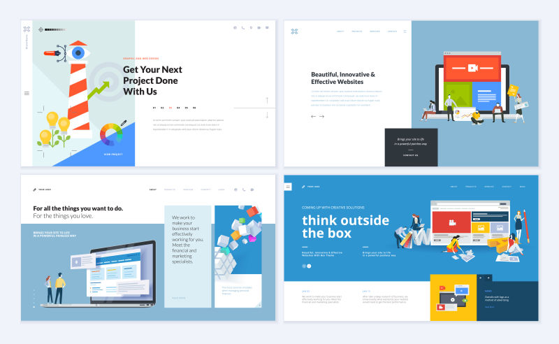 一套创意网站模板设计-网站和移动网站设计和开发商业应用程序营销图形设计社交媒体应用程序的矢量图概念-易于编辑