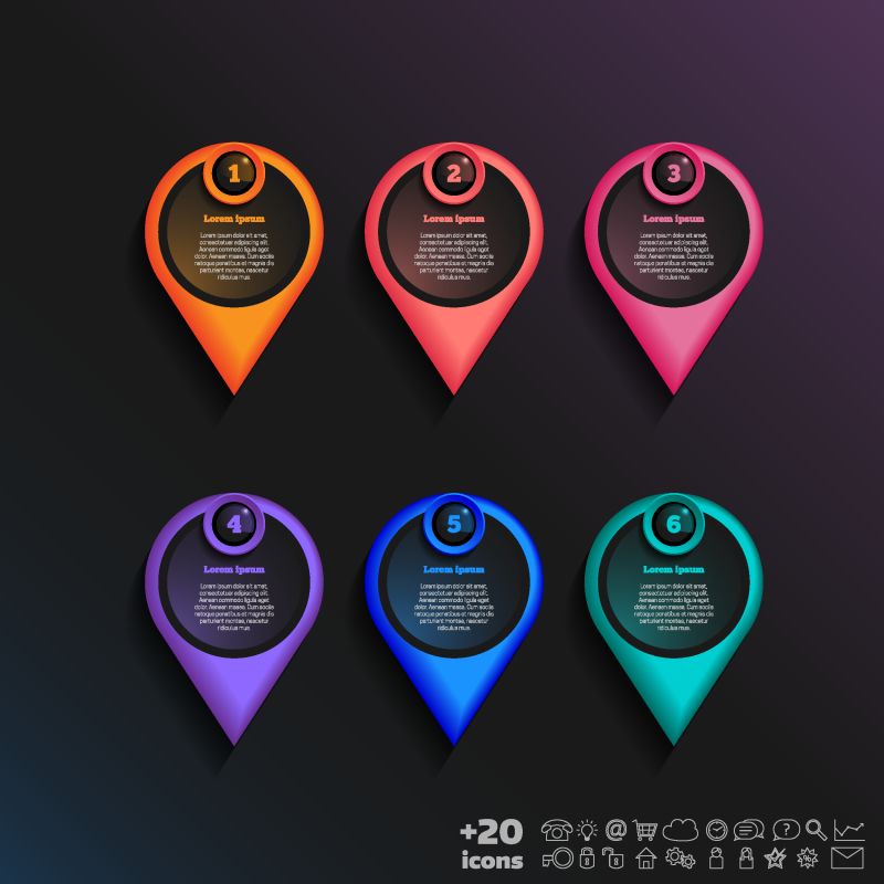 矢量信息图形设计-黑色背景上有彩色指针-商业理念-6个选项零件步骤-可用于图形图表图表工作流布局数字选项Web