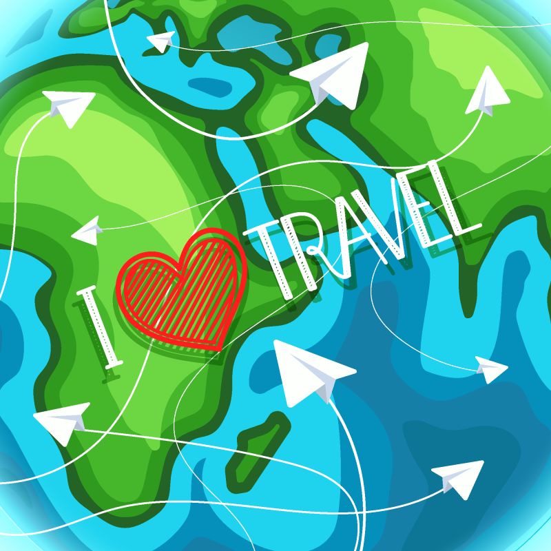 我喜欢旅行-纸质飞机的旅游目的地概念