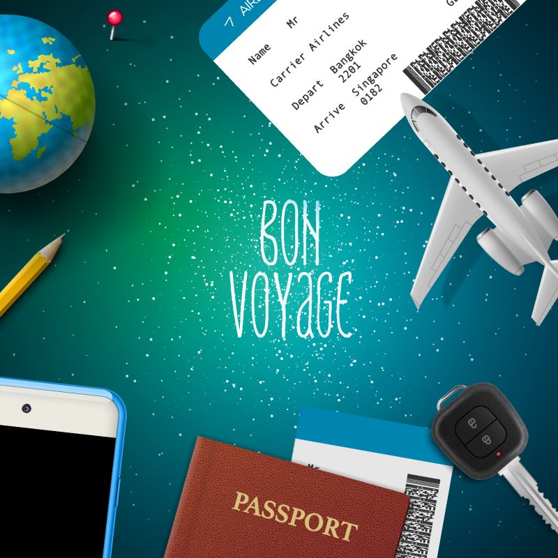 一路顺风-旅行-度假-旅行-飞机设计-智能手机-机票-护照-地球仪-钥匙-矢量图