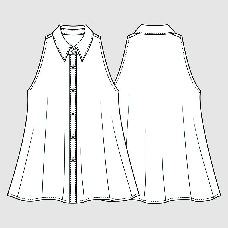 无袖喇叭口衬衫-时装插画-CAD-技术图纸-规格图-钢笔工具-可编辑