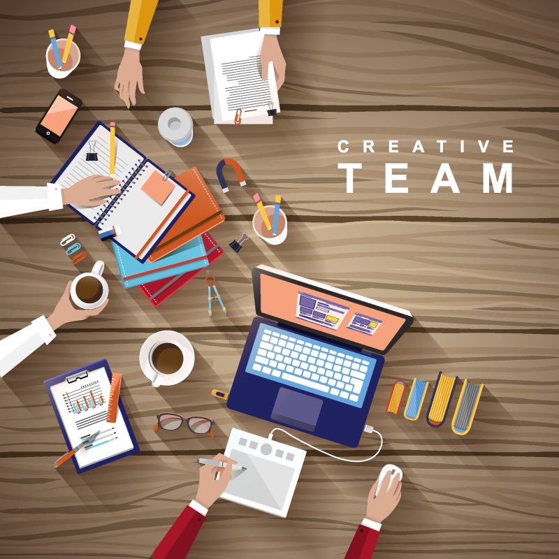 概念设计的商业团队-会议和计划的人坐在办公桌-俯视图-集体讨论团队合作和结果-矢量图解