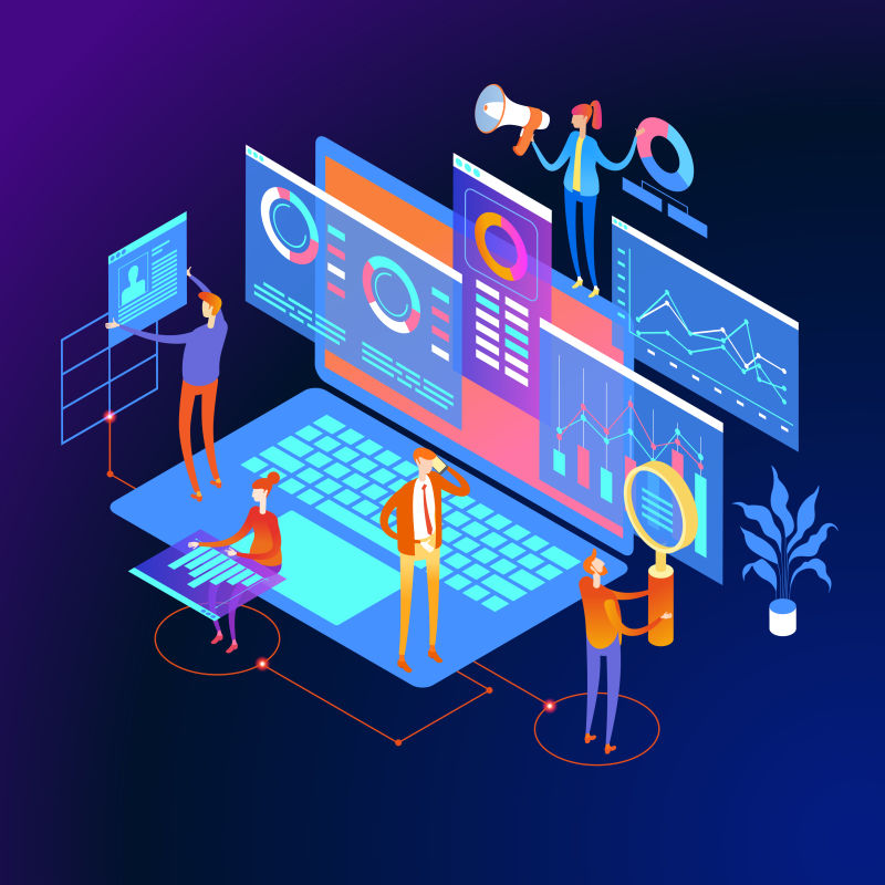 业务分析内容策略和管理理念-从事数字营销广告领域的专业团队-页面模板-三维等轴测图