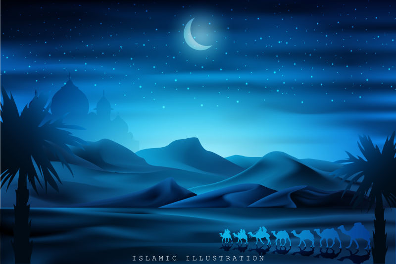 的土地-夜晚骑着骆驼-伴随着星光-清真寺以说明教的背景