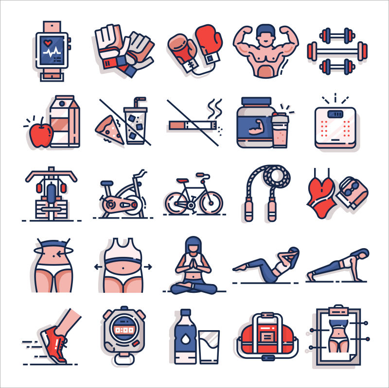 健身器材：填充轮廓图标-象形图和符号收集