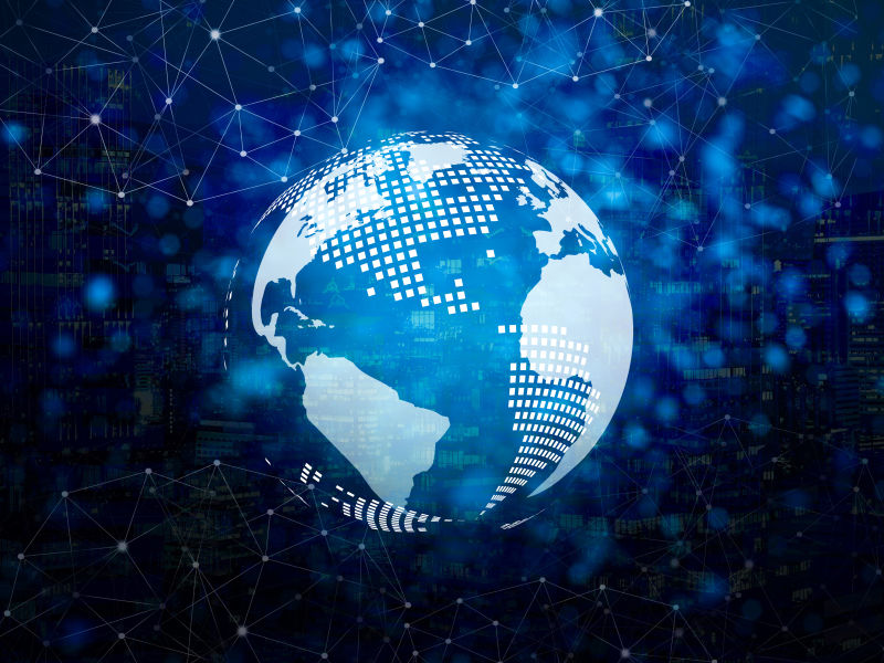 现代技术理念-在深蓝色背景上带有线条和点连接图标的数字地球仪-无线网络连接符号