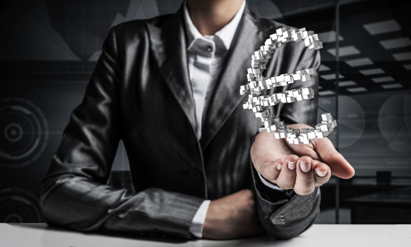 穿着西装的商人的剪短形象-手里拿着多个欧元符号的立方体-三维绘制