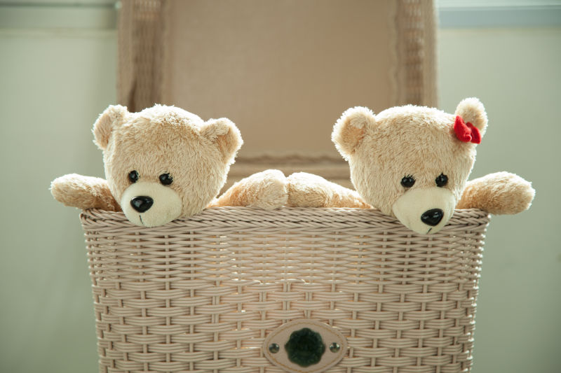 两个玩具泰迪熊在篮子里