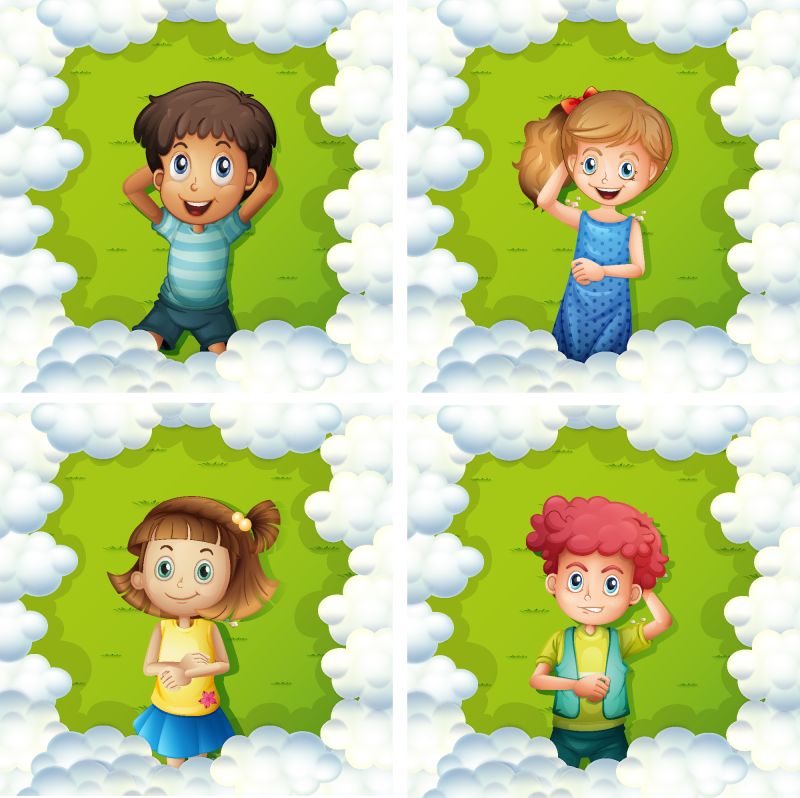 四个孩子在绿草上插画