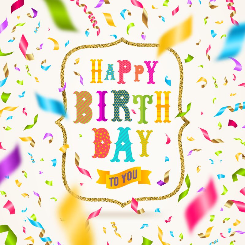 金光闪闪的镜框和五彩缤纷的飘落五彩纸屑-祝你生日快乐-维科尔节日插图