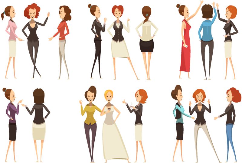 一组穿着各种服装微笑着的女商人在交流中用卡通风格的独立插画