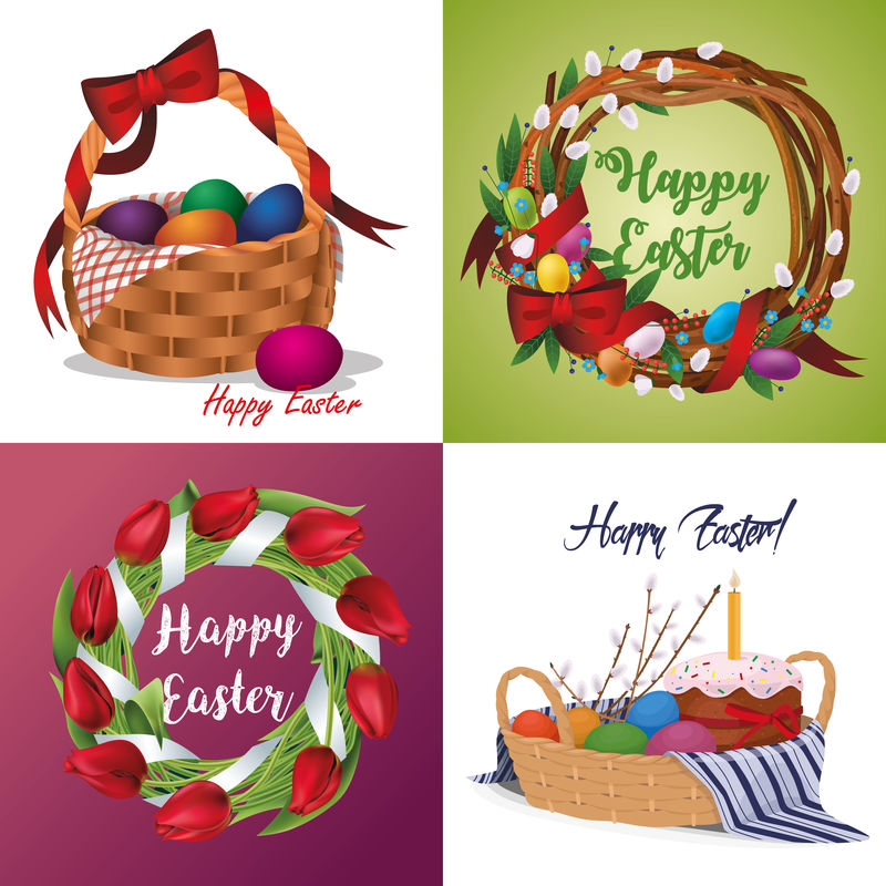 复活节套装-花环-彩蛋篮子-宗教节日的象征-矢量