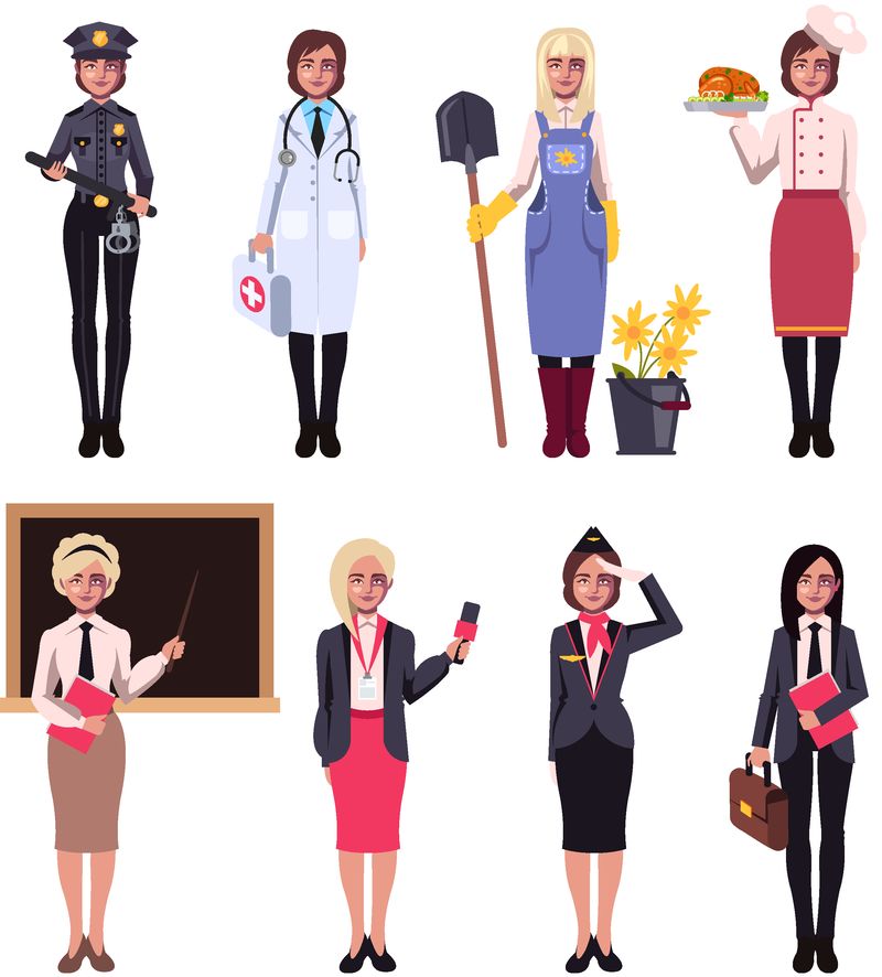 不同的女性职业特征-教育重要性概念-矢量平面卡通孤立插图