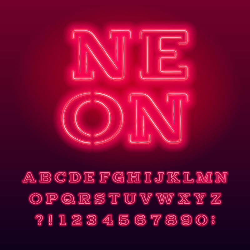红色霓虹灯管字母表字体-霓虹色衬线字母和数字-库存矢量字体为您的设计