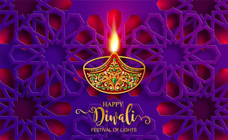 快乐的排灯节卡片-金色的排灯节图案和纸上的水晶色背景