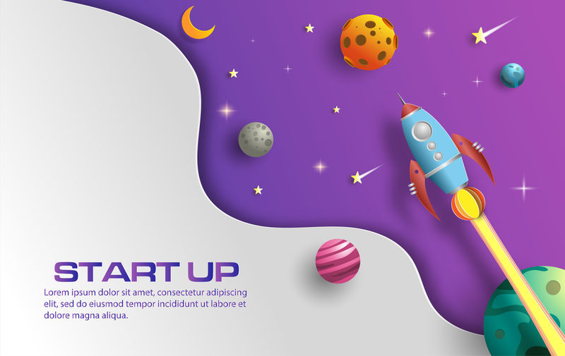 火箭在太空飞行的纸艺术风格-启动概念-设计横幅模板-平面式矢量插图