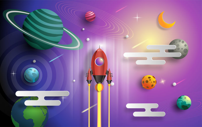 火箭在太空飞行的纸艺术风格-启动概念-设计横幅模板-平面式矢量插图