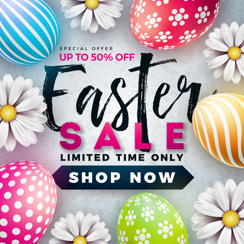 彩绘彩蛋和白色背景的春花复活节销售插图用于优惠券横幅优惠券或促销海报的矢量假日设计模板