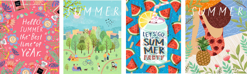 你好-夏天！可爱的矢量插图-夏季背景-卡片-海报和传单-海滩上女人的手-公园里的汽水和休闲人士的画
