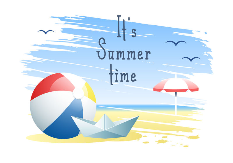 现在是夏天-沙滩球-纸船和沙滩伞放在沙滩背景上-矢量图