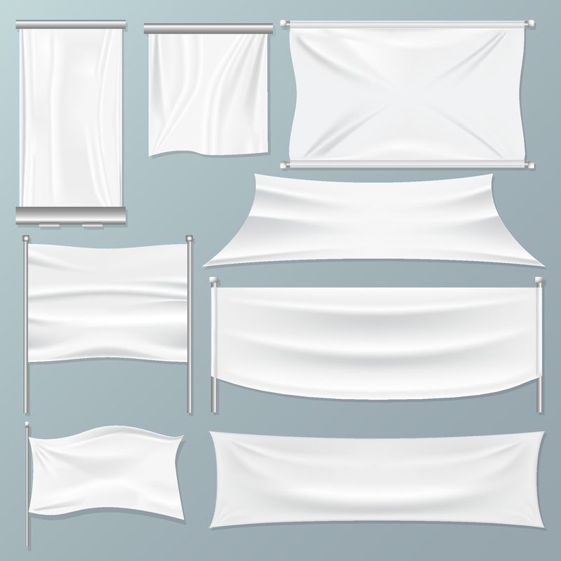独立背景的白色纺织品广告横幅-逼真的实物模型矢量图-矩形织物框架