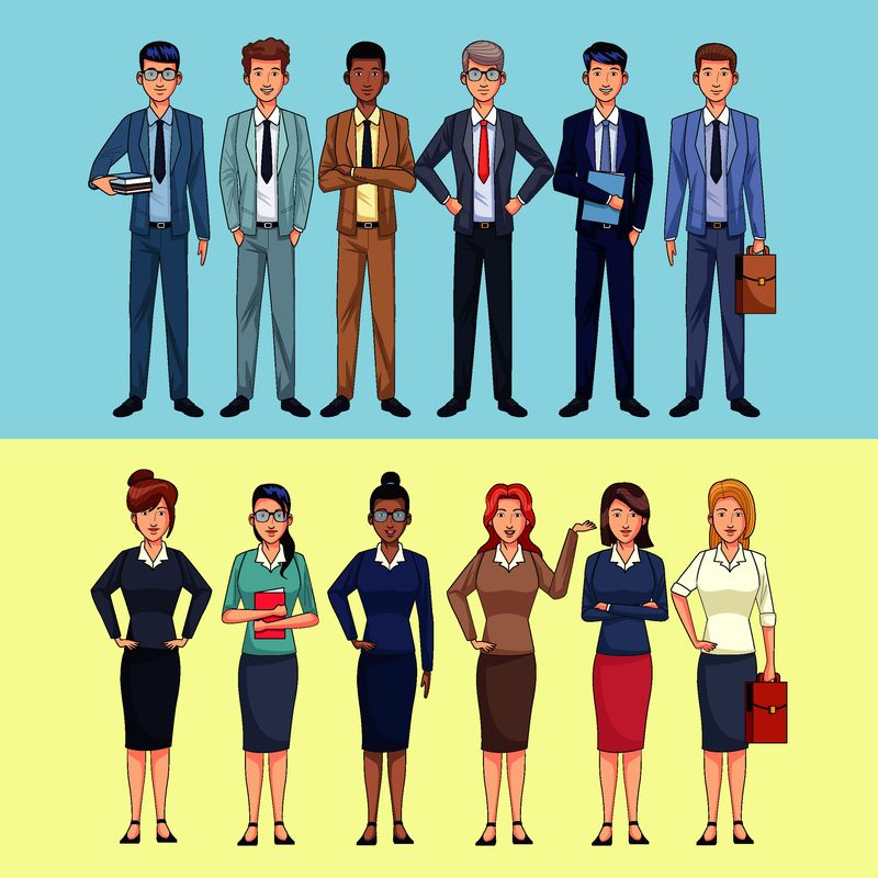 设置商务人士卡通人物衣着正式-商务人士穿着高雅昂贵的西装-成功的男女与公文包隔离