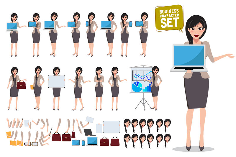 女性商业人物矢量集 女性办公人员手持笔记本电脑和显示屏 具有各种姿势和姿势 用于商务演示 矢量图素材 高清图片 摄影照片 寻图免费打包下载
