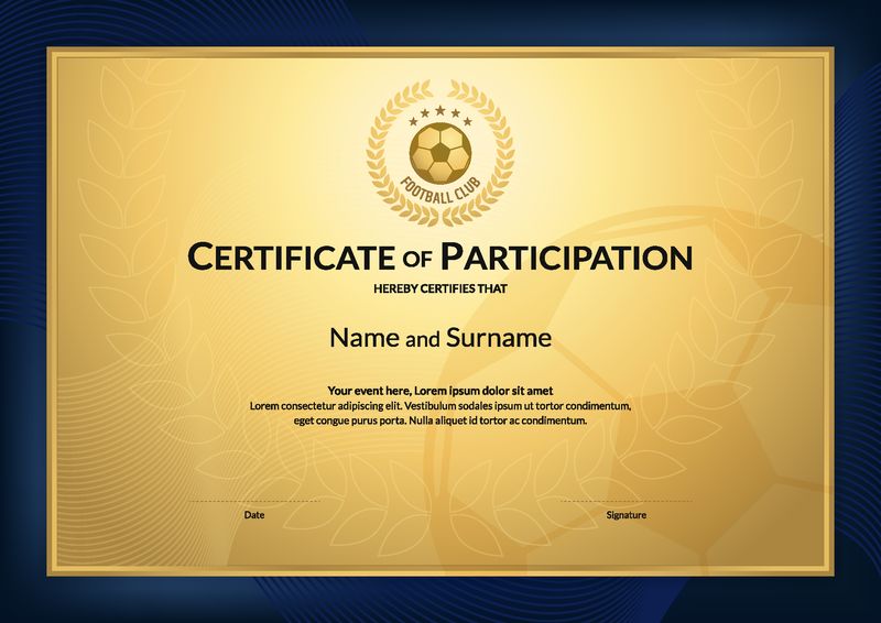 足球运动主题证书模板-金色背景-蓝色边框-文凭设计