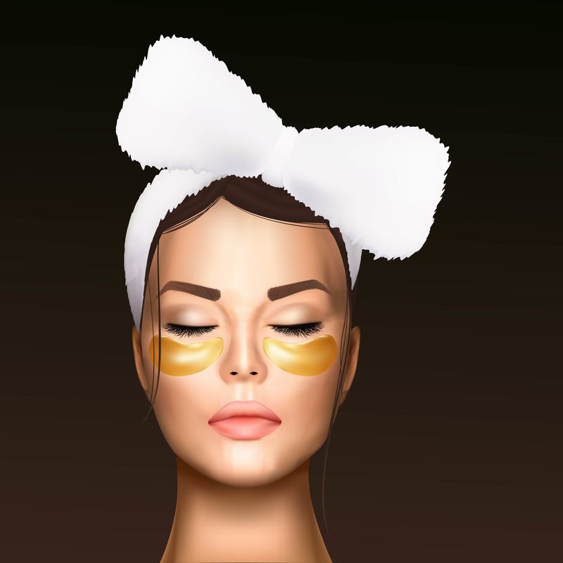 矢量图描绘了一个年轻漂亮的女孩的真实面容她的头发上缠着化妆绷带眼睛下面还贴着保湿贴片