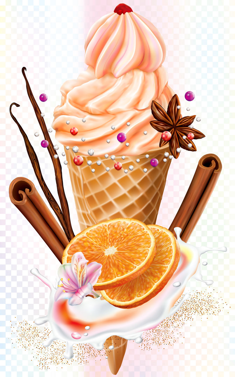 华夫饼蛋卷冰淇淋含柑橘和肉桂茴香香草
