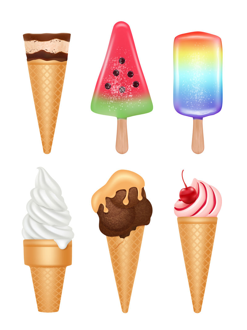 冰淇淋甜点香草水果巧克力冰淇淋圆锥不同的配料矢量逼真的图片