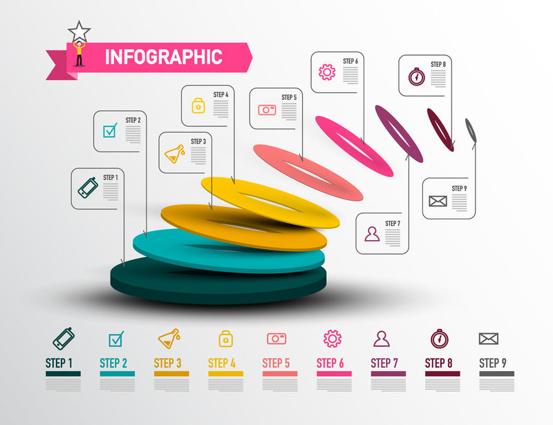 现代信息图形布局-创意网络展示九步矢量信息图形设计与数据流