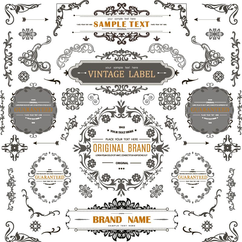 一套老式的装饰元素-Flourishes Calligraphic Ornaments和框架-为您的文本位置-邀请函横幅海报徽章Logotypes的复古风格设计收藏